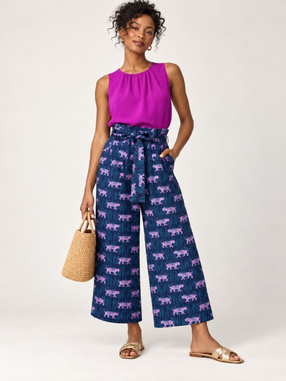 J.Crew Navy Pink Tiger Print Silk Paperbag Crop Wide Leg Pants Size 10